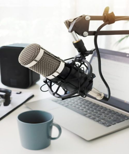 Live online radio broadcasting station desk, entertainment and communication concept