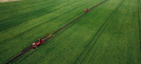 Aerial view of beet harvesters on the green agricultural field.