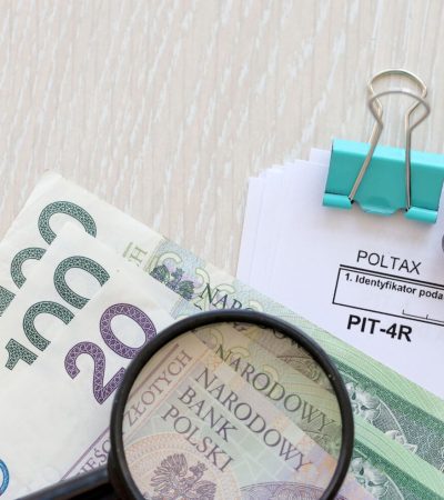 Annual declaration of income tax advances, PIT-4R form on accountant table with pen and polish zloty money bills close up