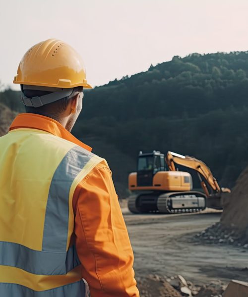 worker from behind dressed in work clothes observing some excavators on the construction site. Ai generative proyecto-vial-4g-pamplona-cucuta