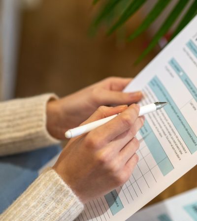 Paying taxes. A woman holding the paper for counting tax expences